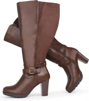 Women's Plus Size Extra Wide Calf High Heel Dress Boots with Ankle Buckle