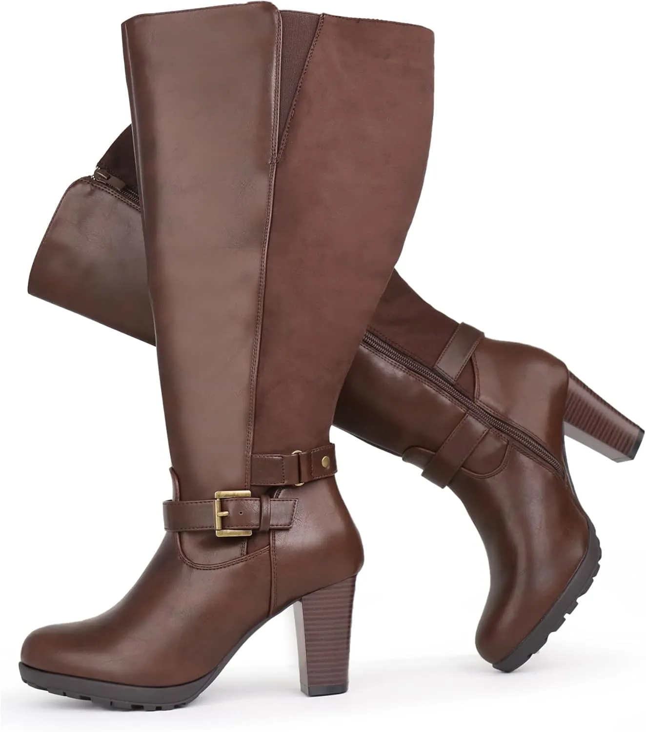 Women's Plus Size Extra Wide Calf High Heel Dress Boots with Ankle Buckle