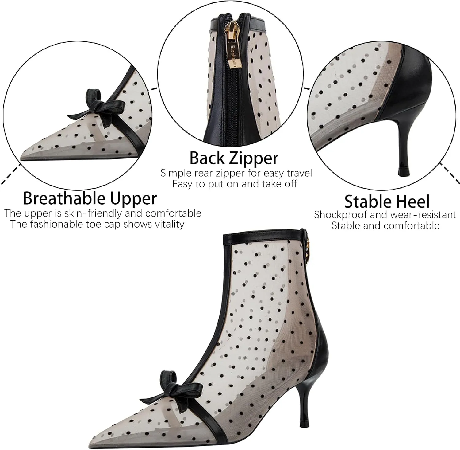 Women's Polka Dot Mesh Stiletto Ankle Boots With Back Zipper Sexy Breathable Pointed Toe High Heel Summer Booties for Party Evening Dress Boots