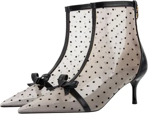 Women's Polka Dot Mesh Stiletto Ankle Boots With Back Zipper Sexy Breathable Pointed Toe High Heel Summer Booties for Party Evening Dress Boots