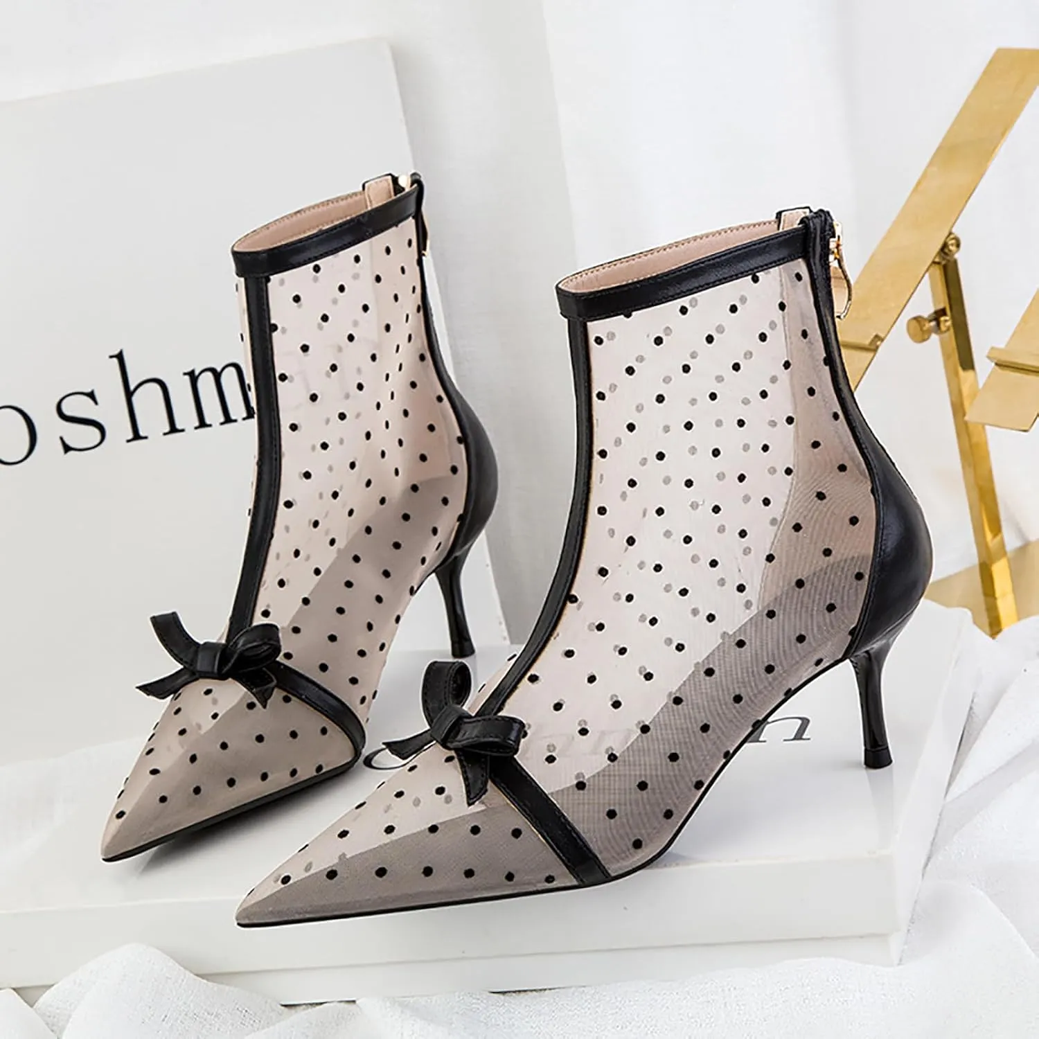 Women's Polka Dot Mesh Stiletto Ankle Boots With Back Zipper Sexy Breathable Pointed Toe High Heel Summer Booties for Party Evening Dress Boots