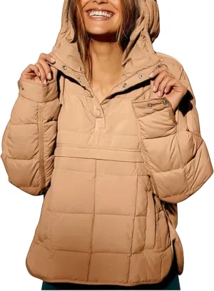 Women's Pullover Puffer Jacket Hooded Oversized Lightweight Quilted Jacket Winter Warm Padded Coat