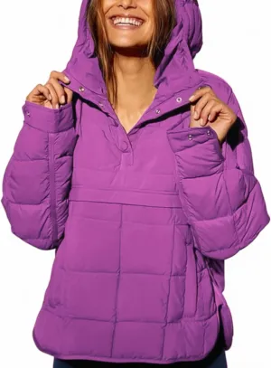Women's Pullover Puffer Jacket Hooded Oversized Lightweight Quilted Jacket Winter Warm Padded Coat
