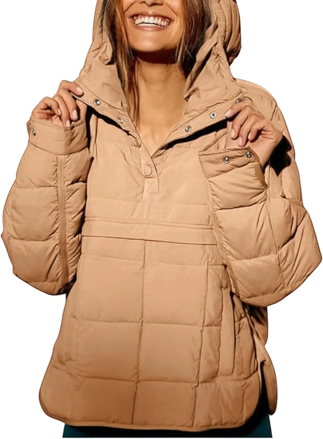 Women's Pullover Puffer Jacket Hooded Oversized Lightweight Quilted Jacket Winter Warm Padded Coat
