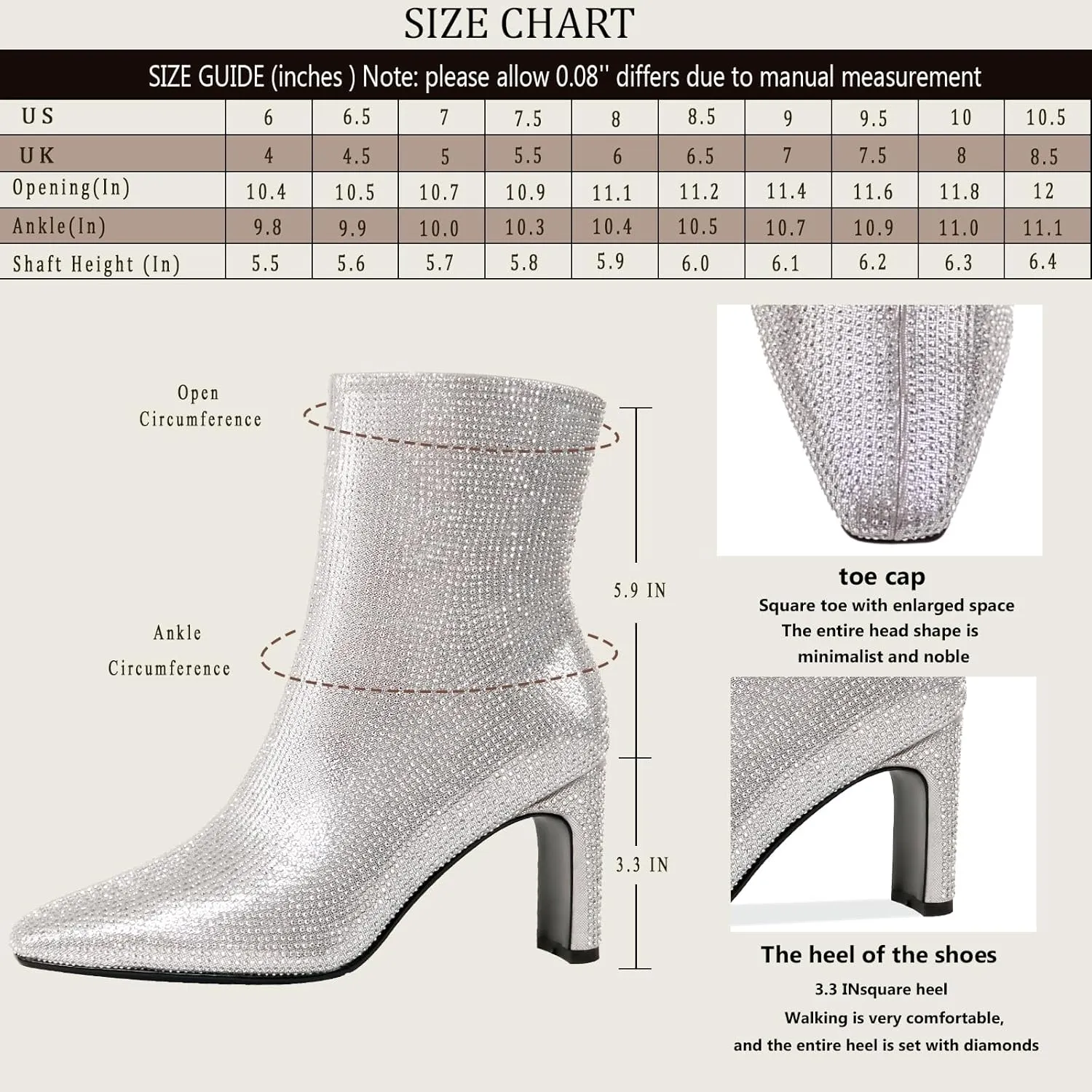 Women's Rhinestone Chunky Heel Booties Sparkly Ankle Boots with Square Toe and Side Zipper, Bling Party Boots for Women