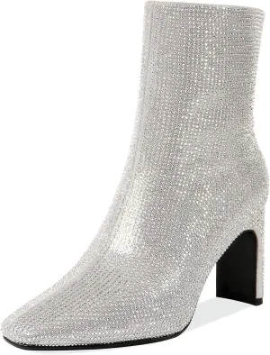Women's Rhinestone Chunky Heel Booties Sparkly Ankle Boots with Square Toe and Side Zipper, Bling Party Boots for Women