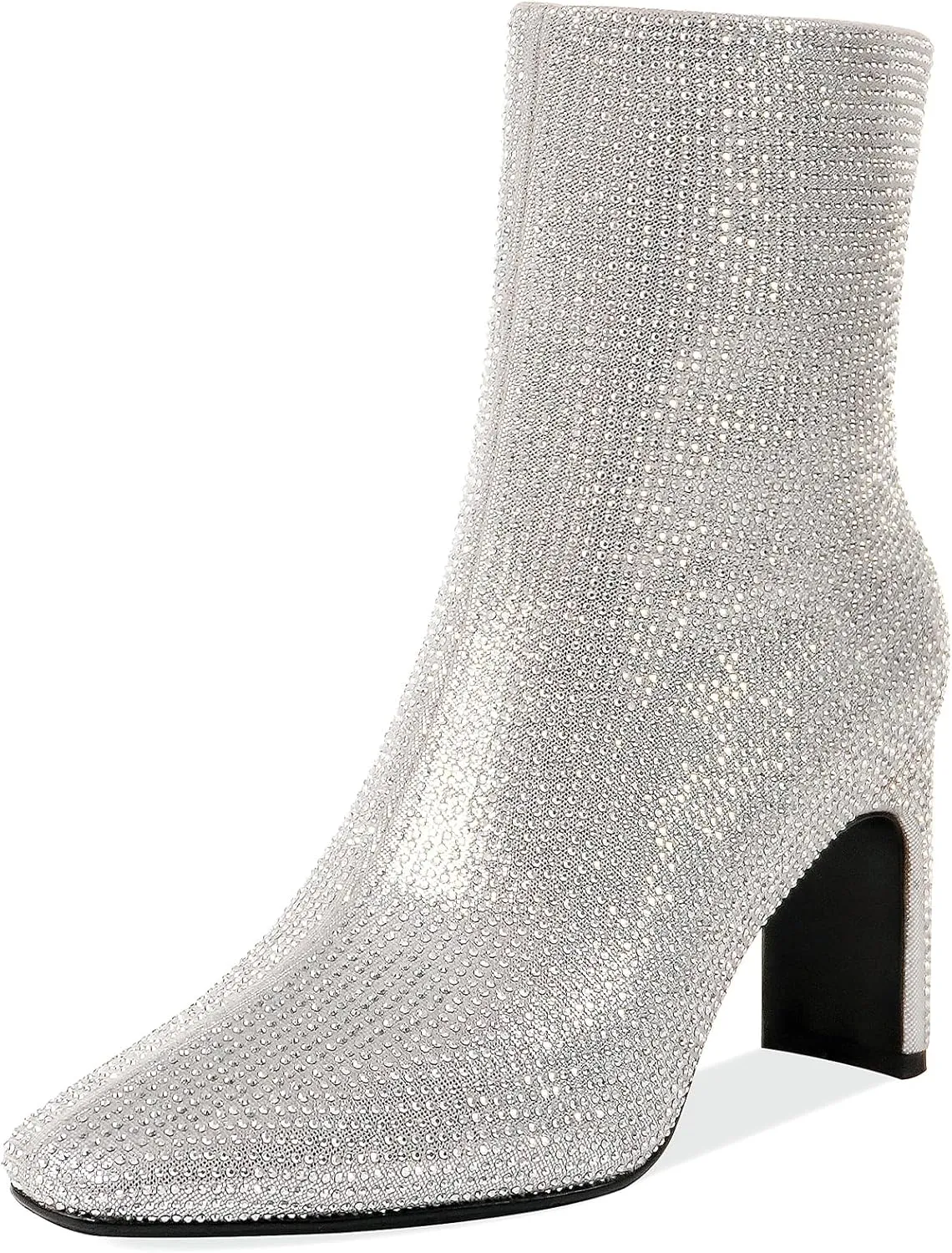 Women's Rhinestone Chunky Heel Booties Sparkly Ankle Boots with Square Toe and Side Zipper, Bling Party Boots for Women