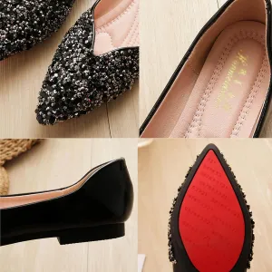 Women's Rhinestone Pointed Toe Ballet Flats Dress Shoes,Comfortable Soft Memory Foam Slip-On Low Heel Loafers Sparkly Party Wedding Flat Shoes