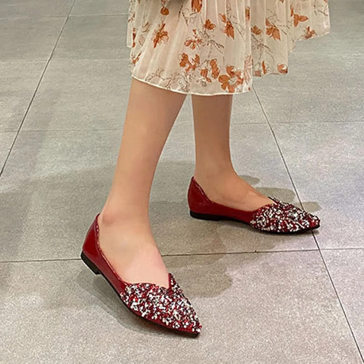 Women's Rhinestone Pointed Toe Ballet Flats Dress Shoes,Comfortable Soft Memory Foam Slip-On Low Heel Loafers Sparkly Party Wedding Flat Shoes