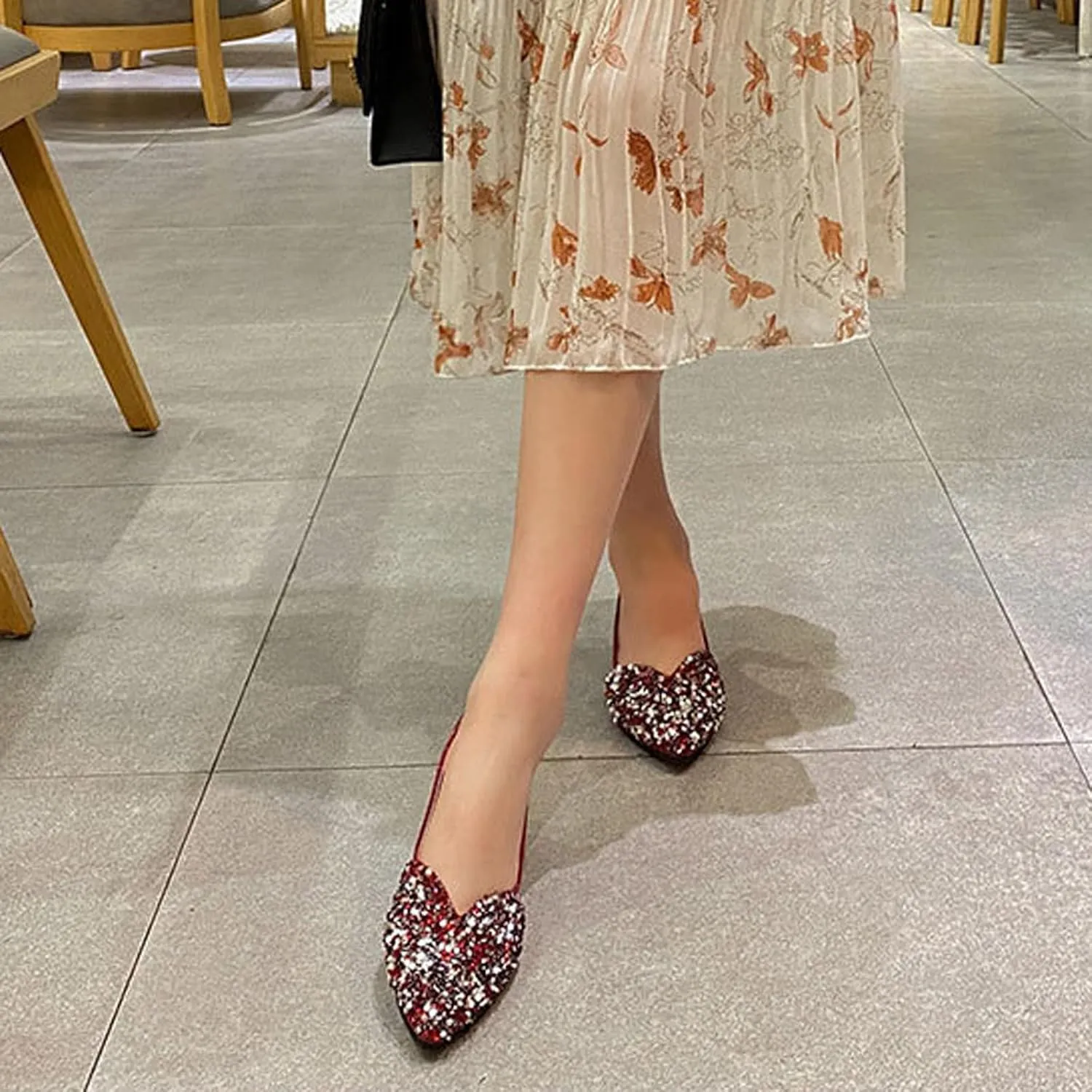 Women's Rhinestone Pointed Toe Ballet Flats Dress Shoes,Comfortable Soft Memory Foam Slip-On Low Heel Loafers Sparkly Party Wedding Flat Shoes