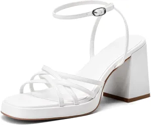 Women's Rhinestone Sparkling Heeled Sandals, Ankle-Strap Pin-Buckled Block Heel Gold Square-Toe Sandals, Dress-Up Summer Ball Party Dress Shoes
