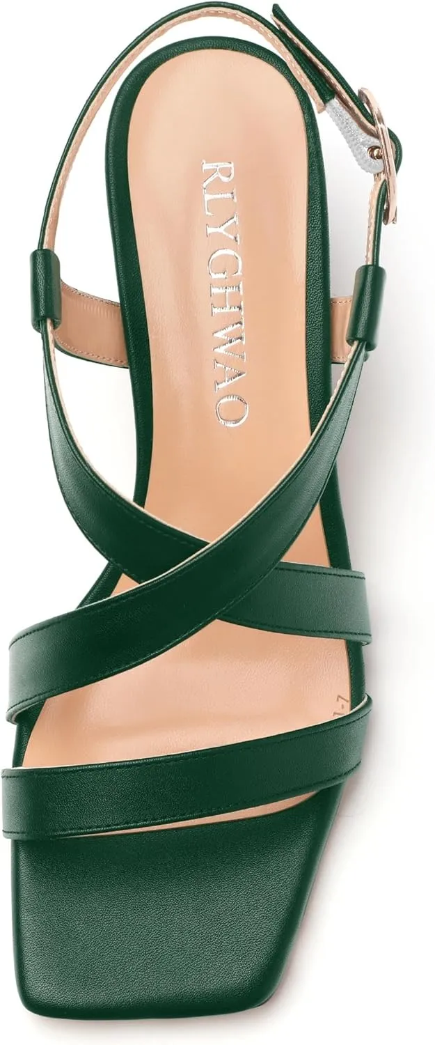 Womens Sandals Buckle Adjustable Strap Square Open Toe Chunky Heels Fashion Solid Matte Sandals