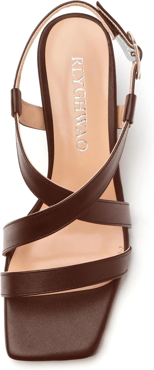 Womens Sandals Buckle Adjustable Strap Square Open Toe Chunky Heels Fashion Solid Matte Sandals