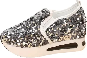 Women's Sequins Platform Sneakers Casual Low Top Slip On Wedge Sports Shoes Fashion Walking Casual Lace up Shoes
