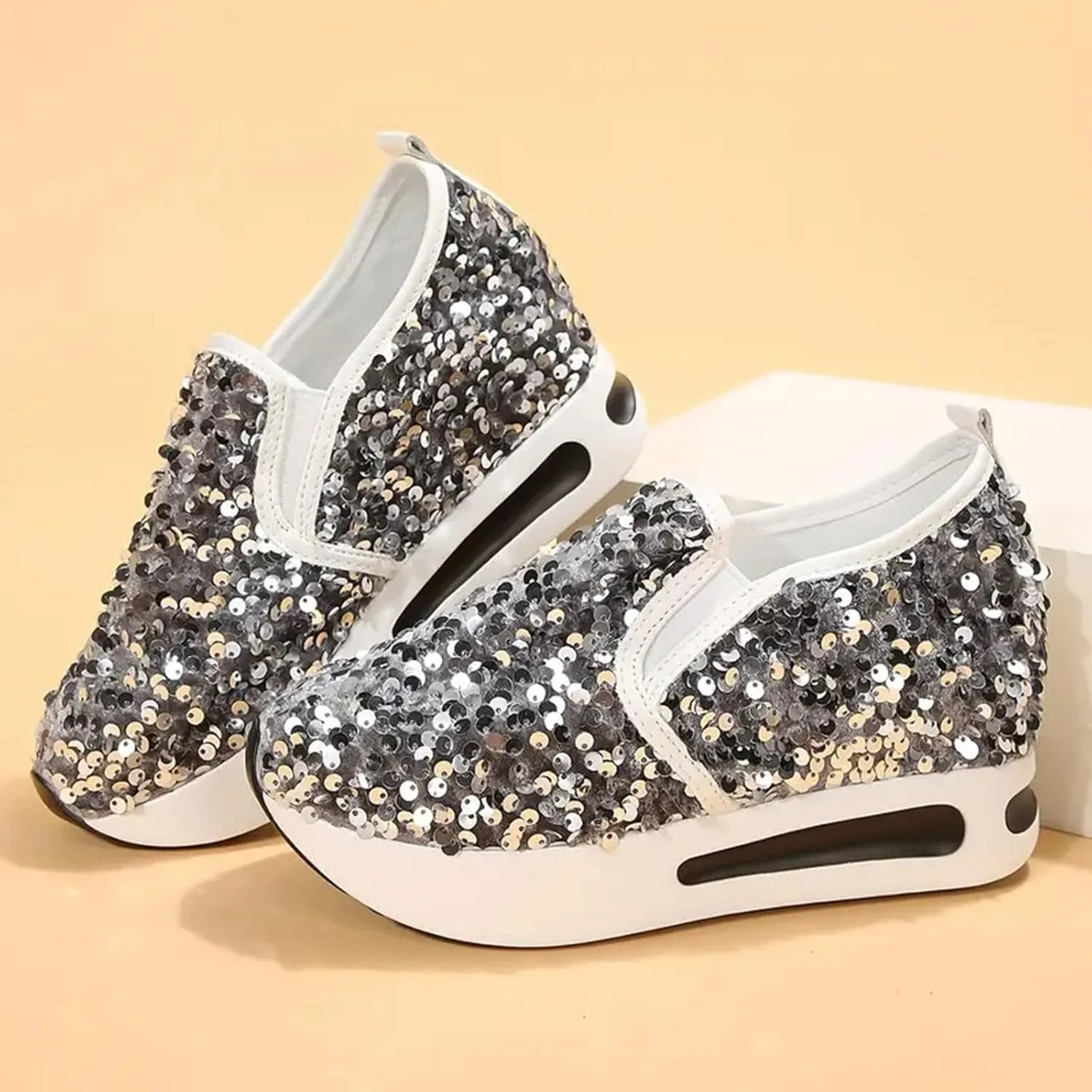 Women's Sequins Platform Sneakers Casual Low Top Slip On Wedge Sports Shoes Fashion Walking Casual Lace up Shoes