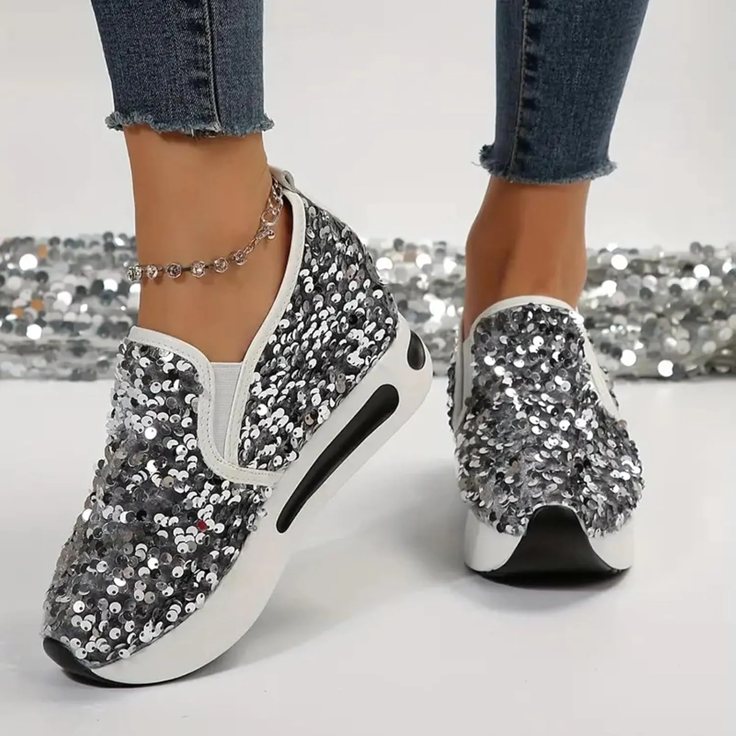 Women's Sequins Platform Sneakers Casual Low Top Slip On Wedge Sports Shoes Fashion Walking Casual Lace up Shoes