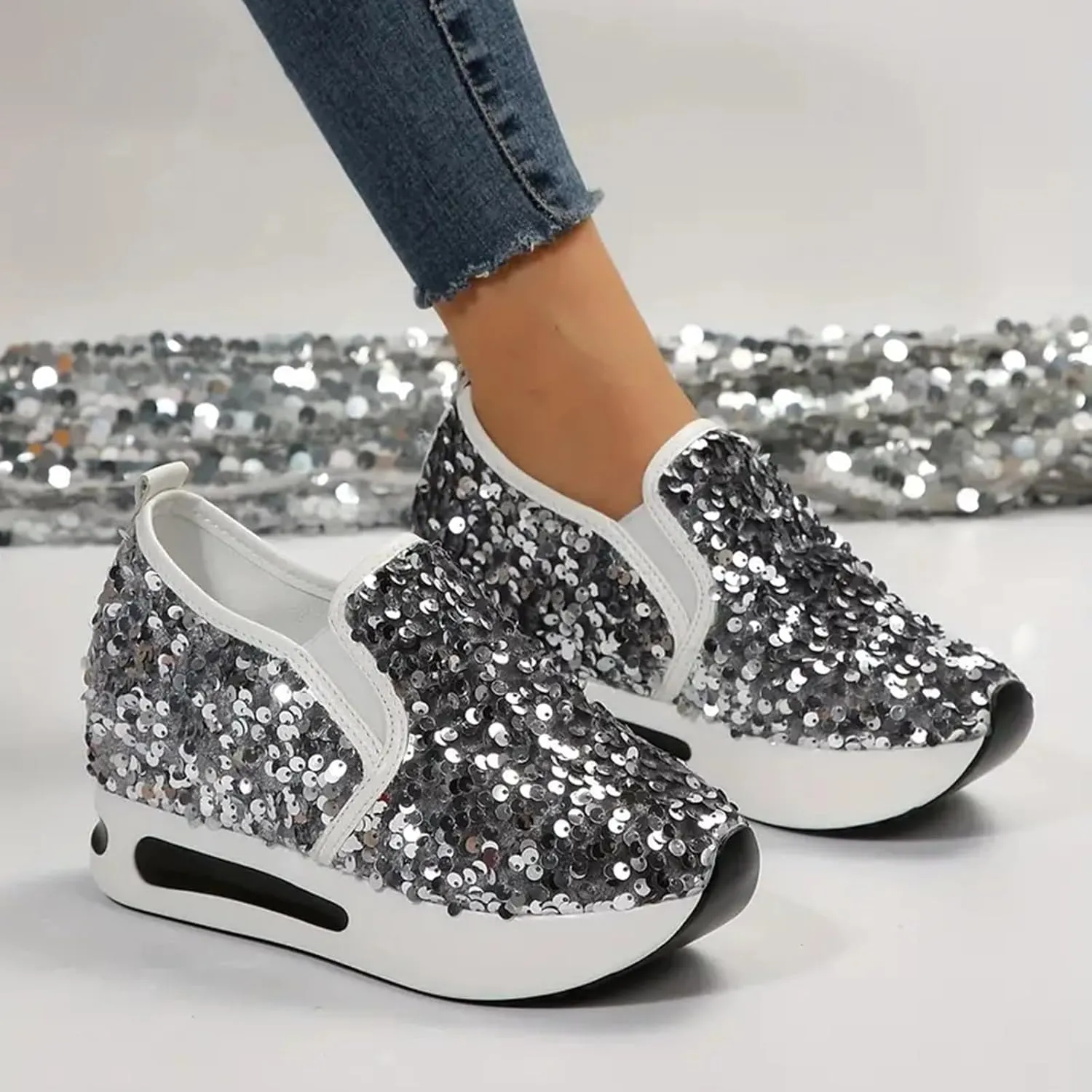 Women's Sequins Platform Sneakers Casual Low Top Slip On Wedge Sports Shoes Fashion Walking Casual Lace up Shoes