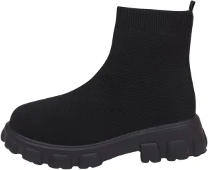 Womens Sock Boots Stretch Knit Boots Round Toe Block Heels Platform Chelsea Boots Slip On Lug Sole Fall Fashion Combat Boots