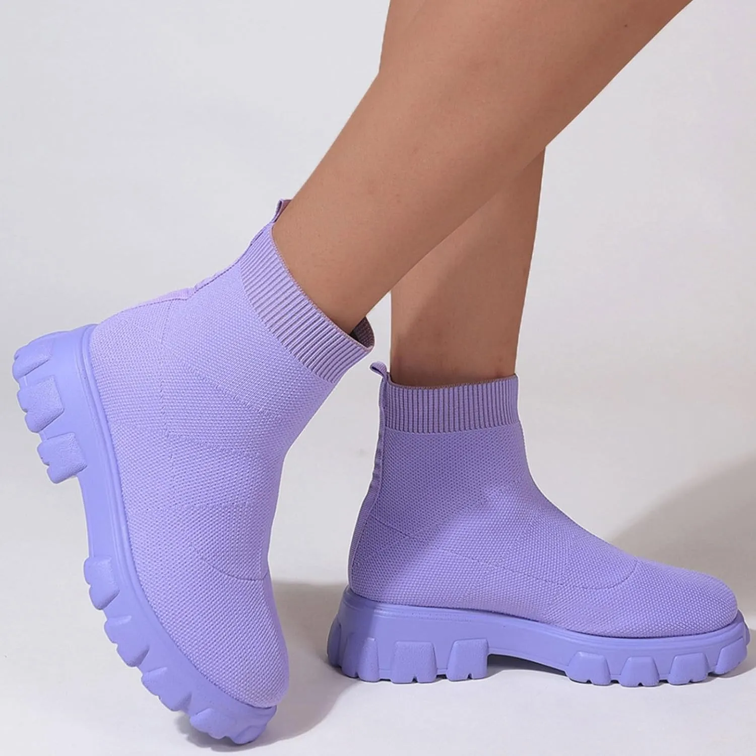 Womens Sock Boots Stretch Knit Boots Round Toe Block Heels Platform Chelsea Boots Slip On Lug Sole Fall Fashion Combat Boots