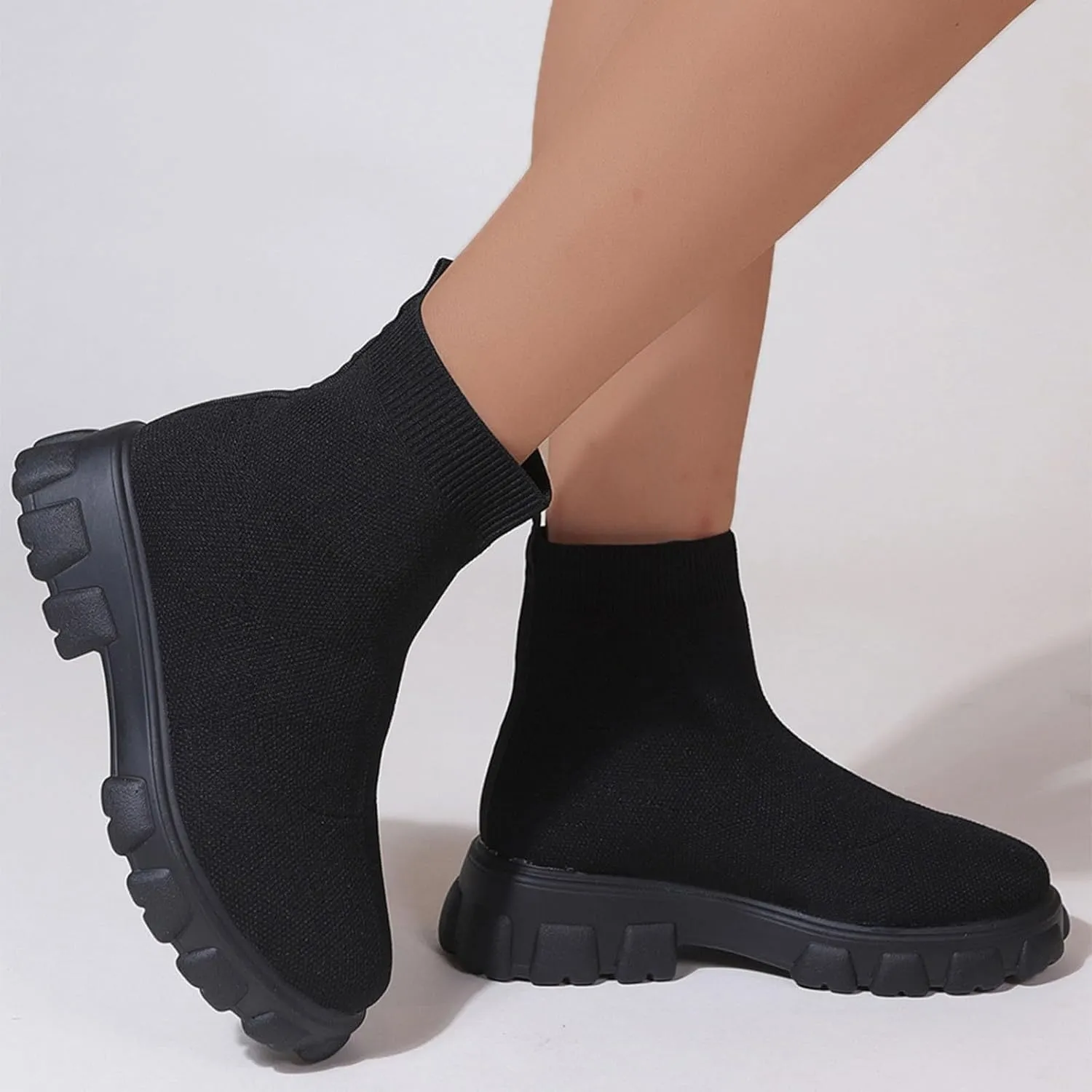 Womens Sock Boots Stretch Knit Boots Round Toe Block Heels Platform Chelsea Boots Slip On Lug Sole Fall Fashion Combat Boots