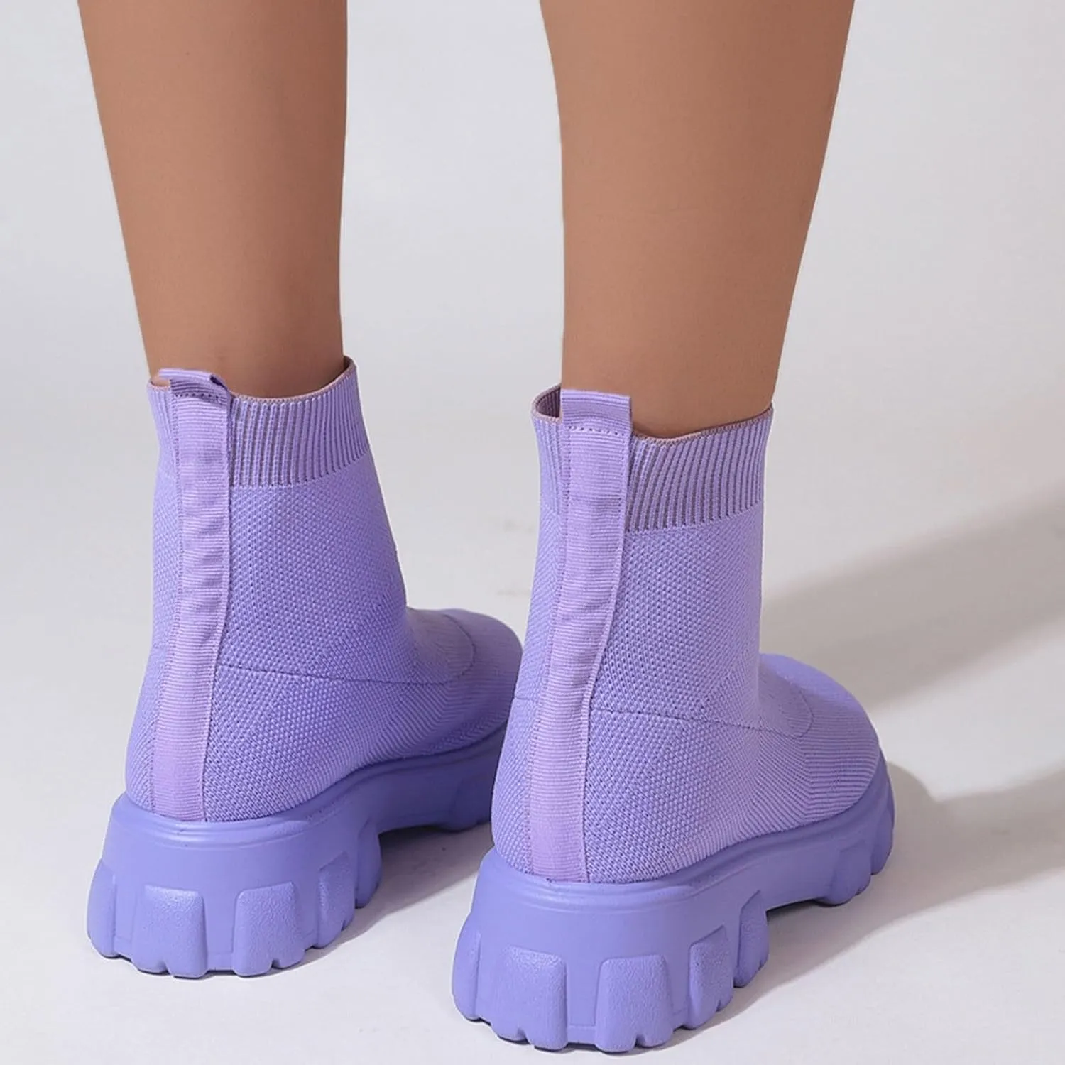 Womens Sock Boots Stretch Knit Boots Round Toe Block Heels Platform Chelsea Boots Slip On Lug Sole Fall Fashion Combat Boots