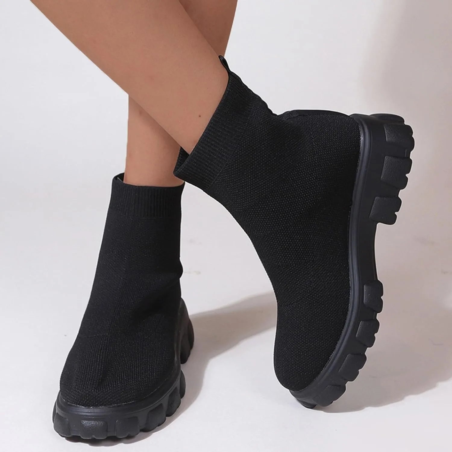 Womens Sock Boots Stretch Knit Boots Round Toe Block Heels Platform Chelsea Boots Slip On Lug Sole Fall Fashion Combat Boots