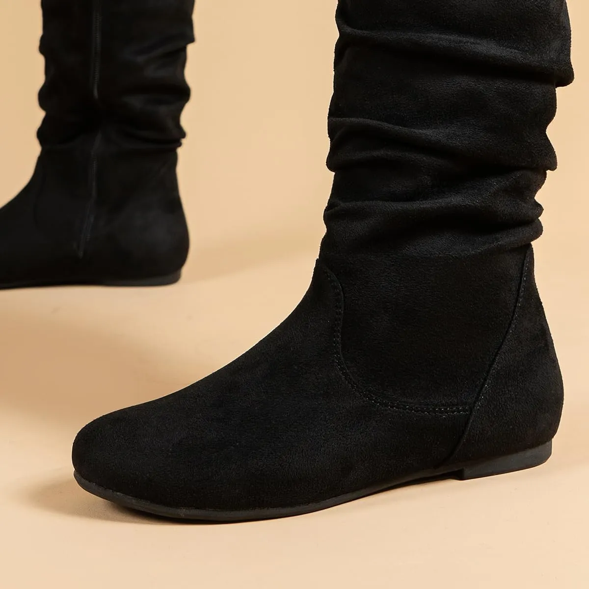 Women's Soft Suede Low Heel Mid Calf Boots | Comfortable Fall Outdoor Footwear with Side Zipper & Non-Slip Sole - Flat Boots,slouch boots for women