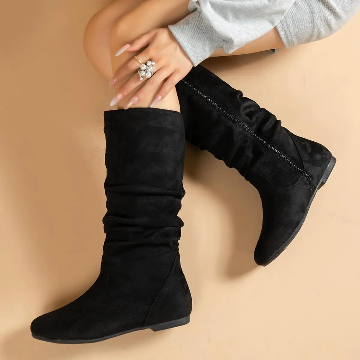 Women's Soft Suede Low Heel Mid Calf Boots | Comfortable Fall Outdoor Footwear with Side Zipper & Non-Slip Sole - Flat Boots,slouch boots for women