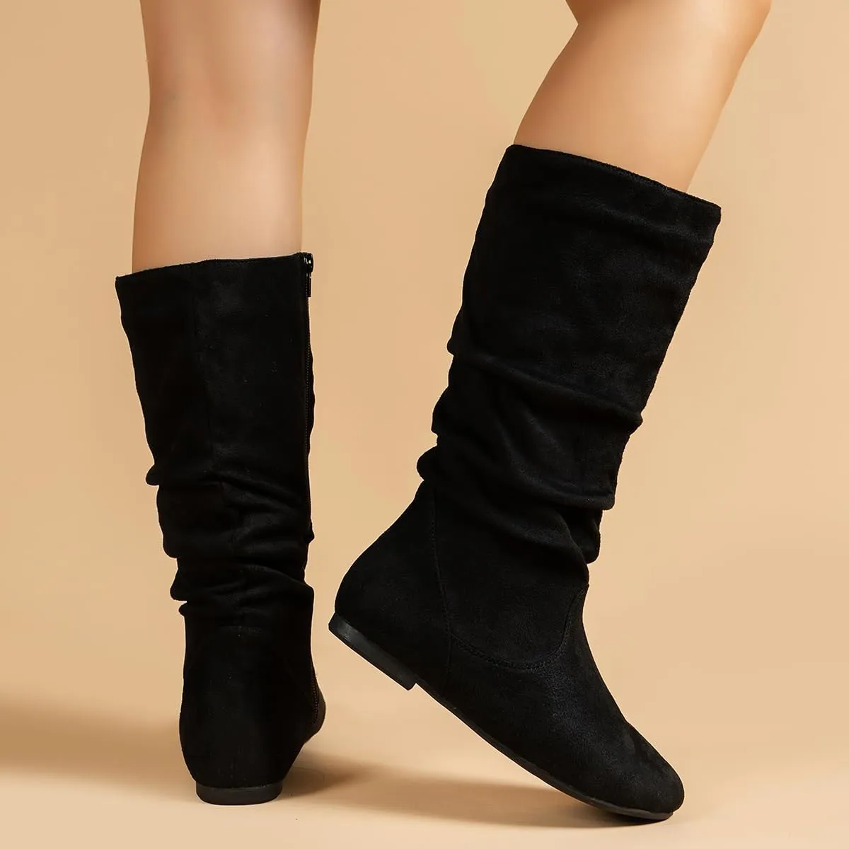 Women's Soft Suede Low Heel Mid Calf Boots | Comfortable Fall Outdoor Footwear with Side Zipper & Non-Slip Sole - Flat Boots,slouch boots for women