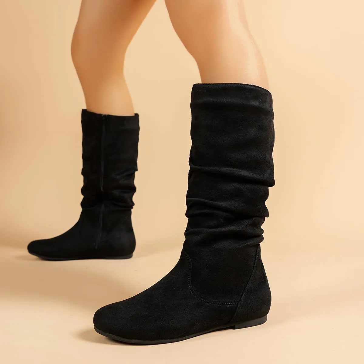 Women's Soft Suede Low Heel Mid Calf Boots | Comfortable Fall Outdoor Footwear with Side Zipper & Non-Slip Sole - Flat Boots,slouch boots for women