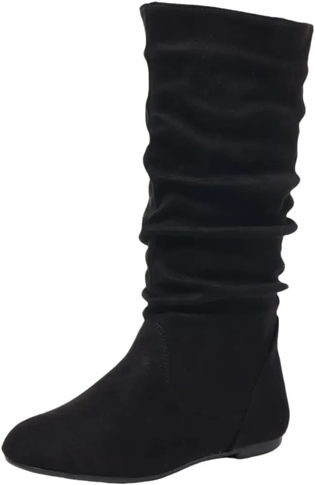 Women's Soft Suede Low Heel Mid Calf Boots | Comfortable Fall Outdoor Footwear with Side Zipper & Non-Slip Sole - Flat Boots,slouch boots for women