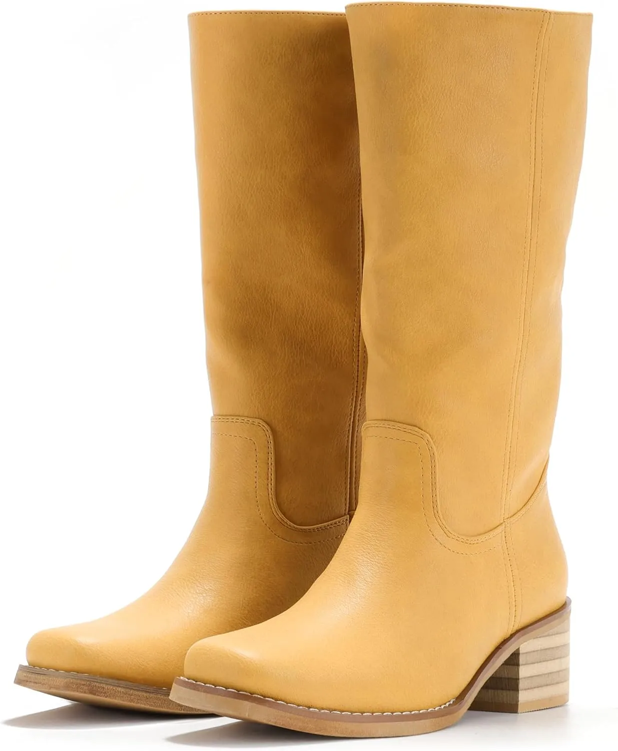 Women's Square Toe Boots Comfortable Chunky Block Heel Casual Boots Mid Calf Riding Boots