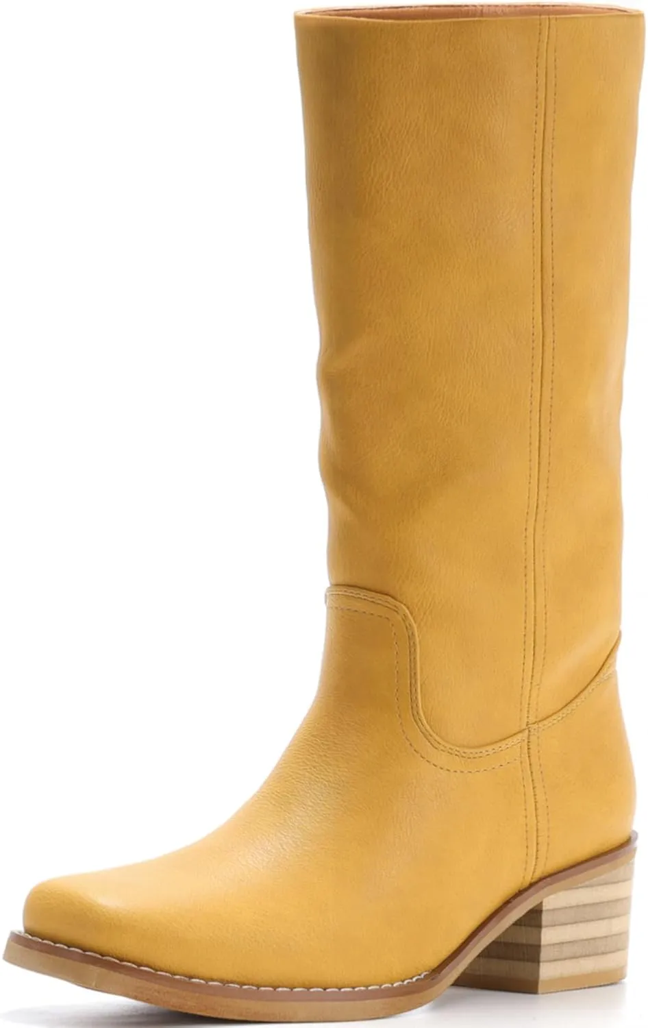 Women's Square Toe Boots Comfortable Chunky Block Heel Casual Boots Mid Calf Riding Boots