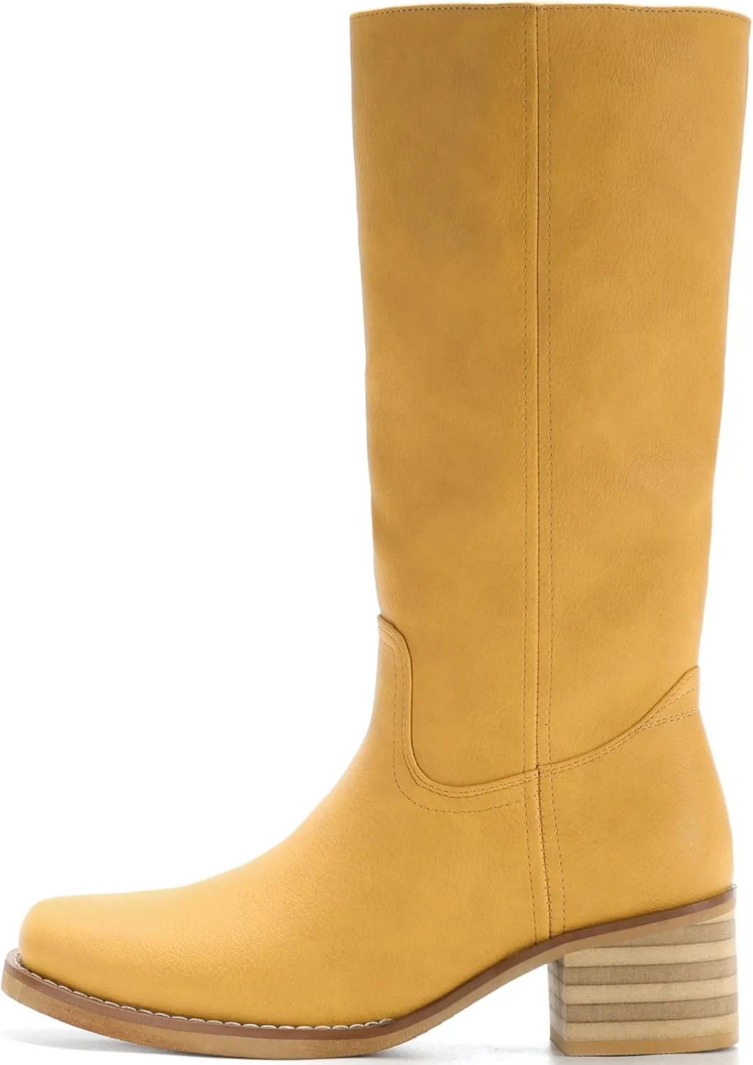 Women's Square Toe Boots Comfortable Chunky Block Heel Casual Boots Mid Calf Riding Boots