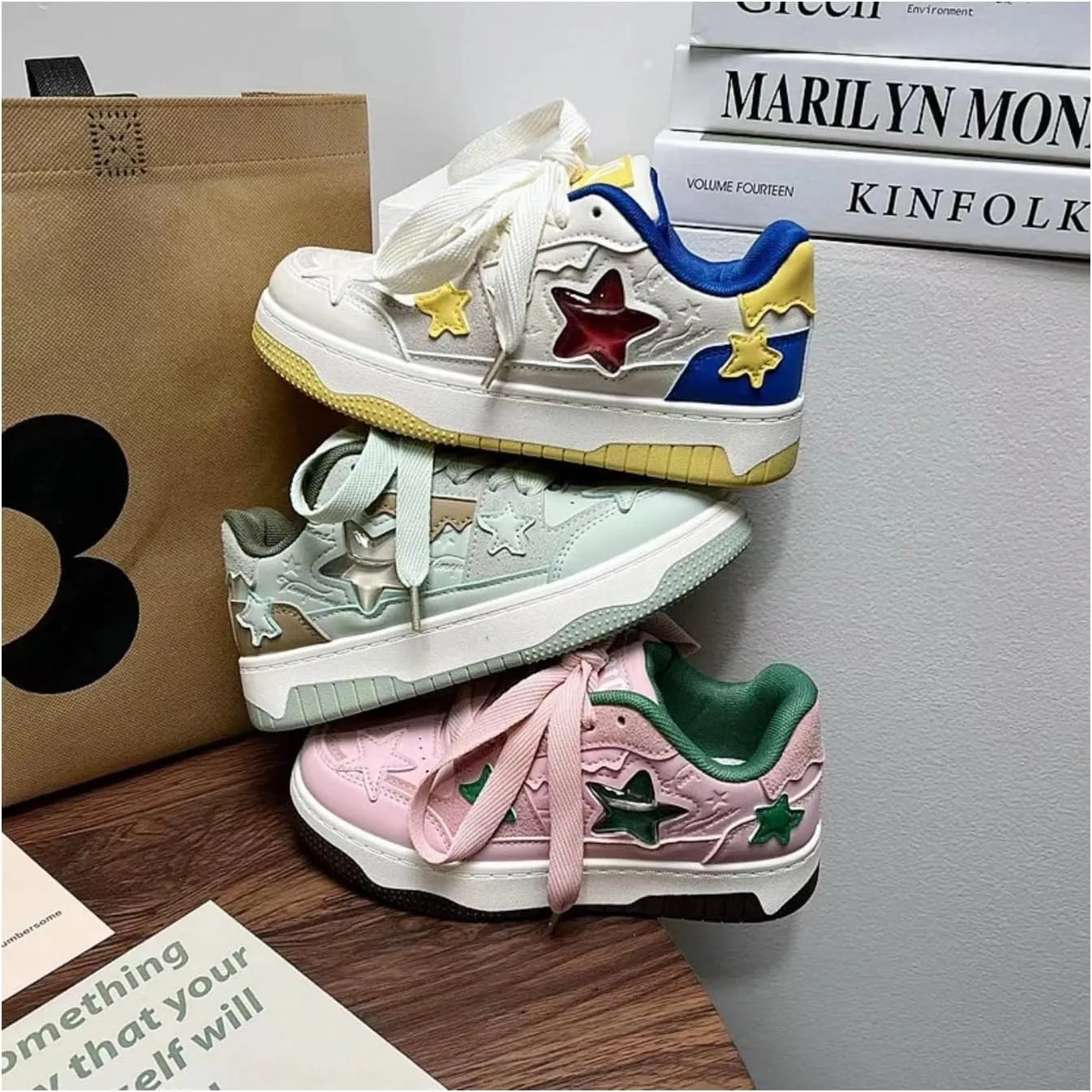 Women's Star Chunky Sneakers Y2k Aesthetic Cute Unique Comfort Casual Walking Creamy Stylish Platform Shoes for Sports