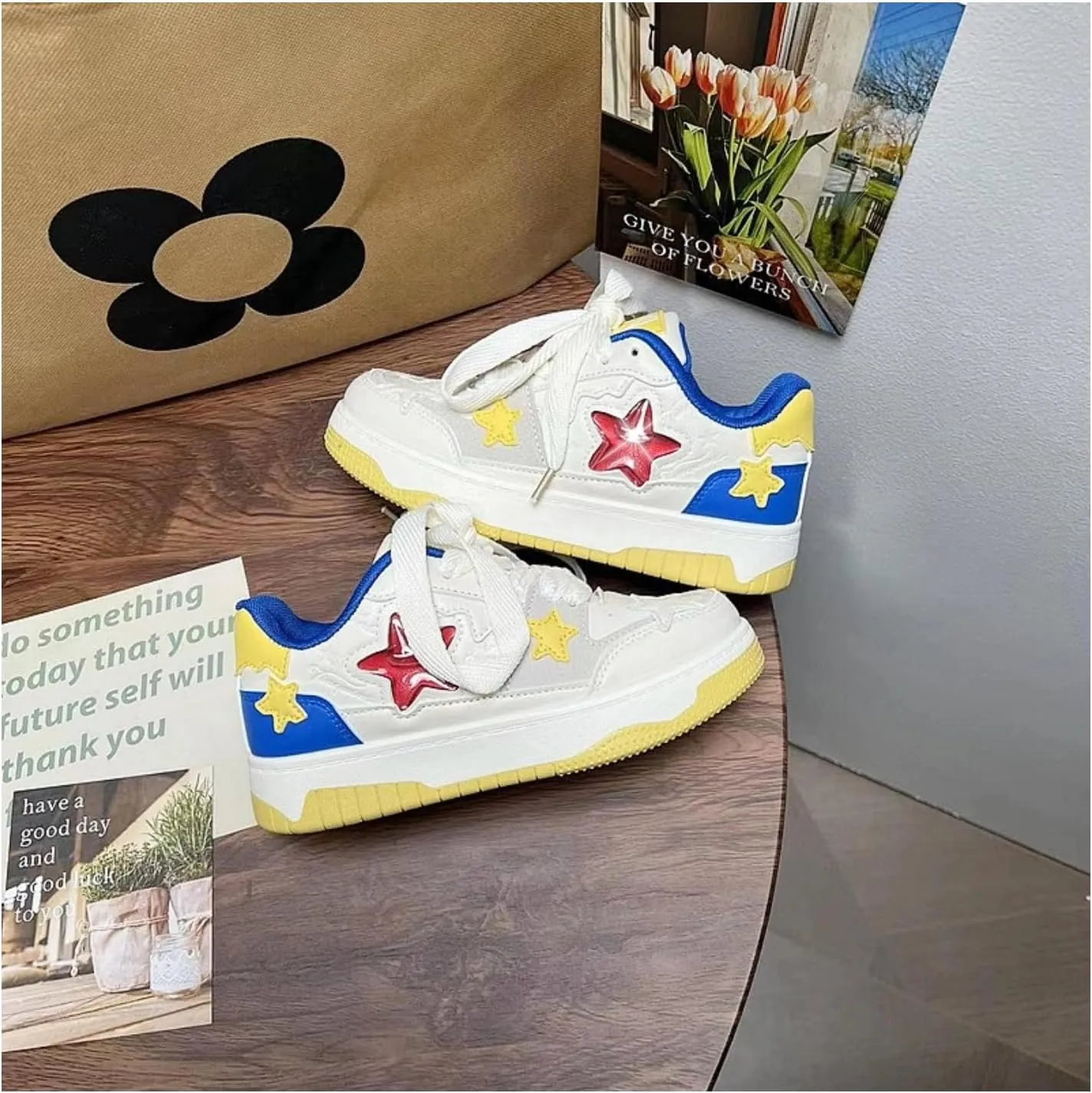 Women's Star Chunky Sneakers Y2k Aesthetic Cute Unique Comfort Casual Walking Creamy Stylish Platform Shoes for Sports
