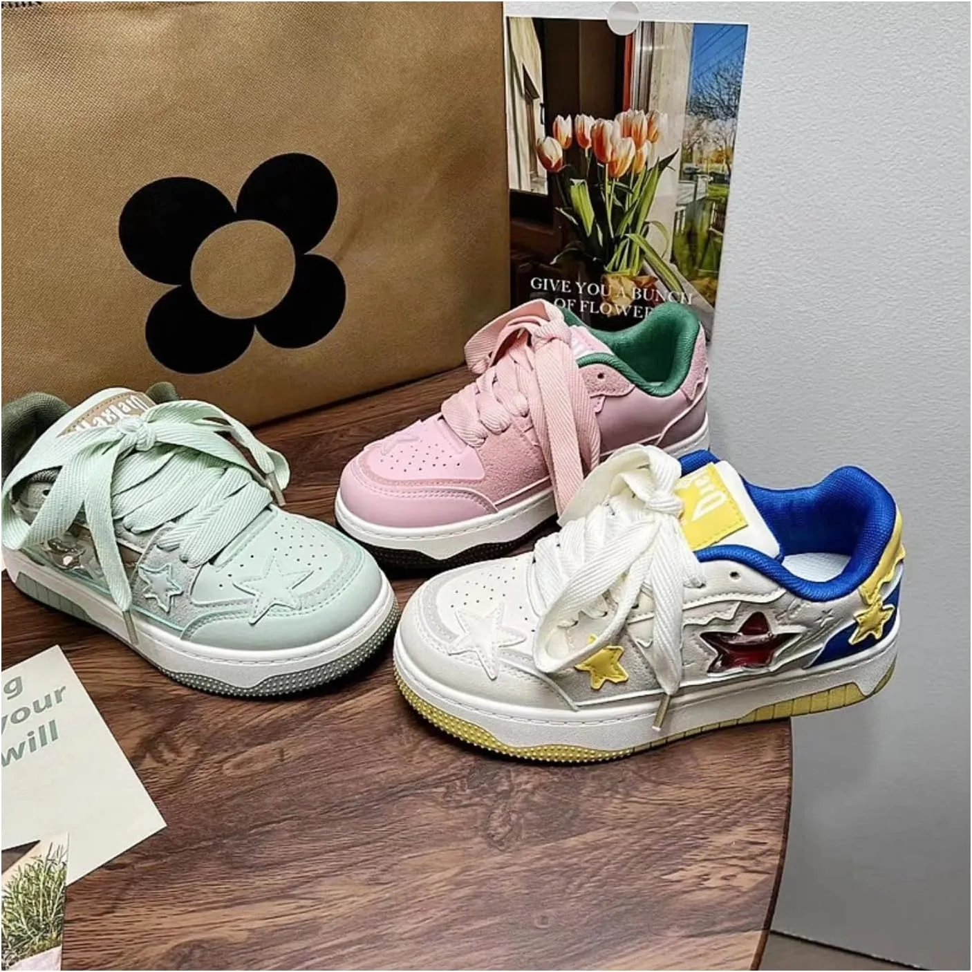 Women's Star Chunky Sneakers Y2k Aesthetic Cute Unique Comfort Casual Walking Creamy Stylish Platform Shoes for Sports
