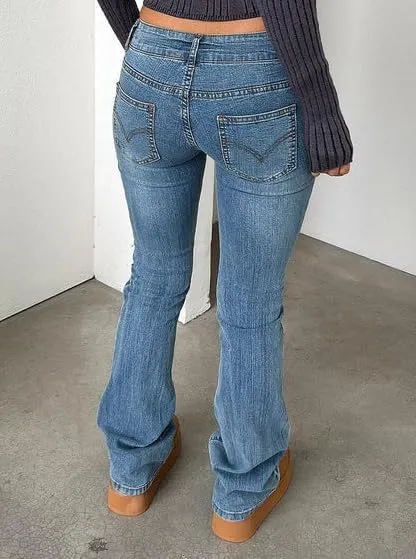 Women's Stretch Low Rise Double Button Elastic Skinny Vintage Flare Jeans
