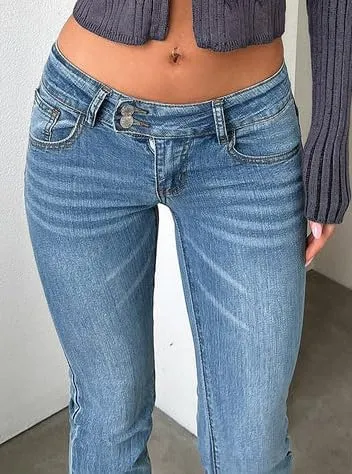 Women's Stretch Low Rise Double Button Elastic Skinny Vintage Flare Jeans