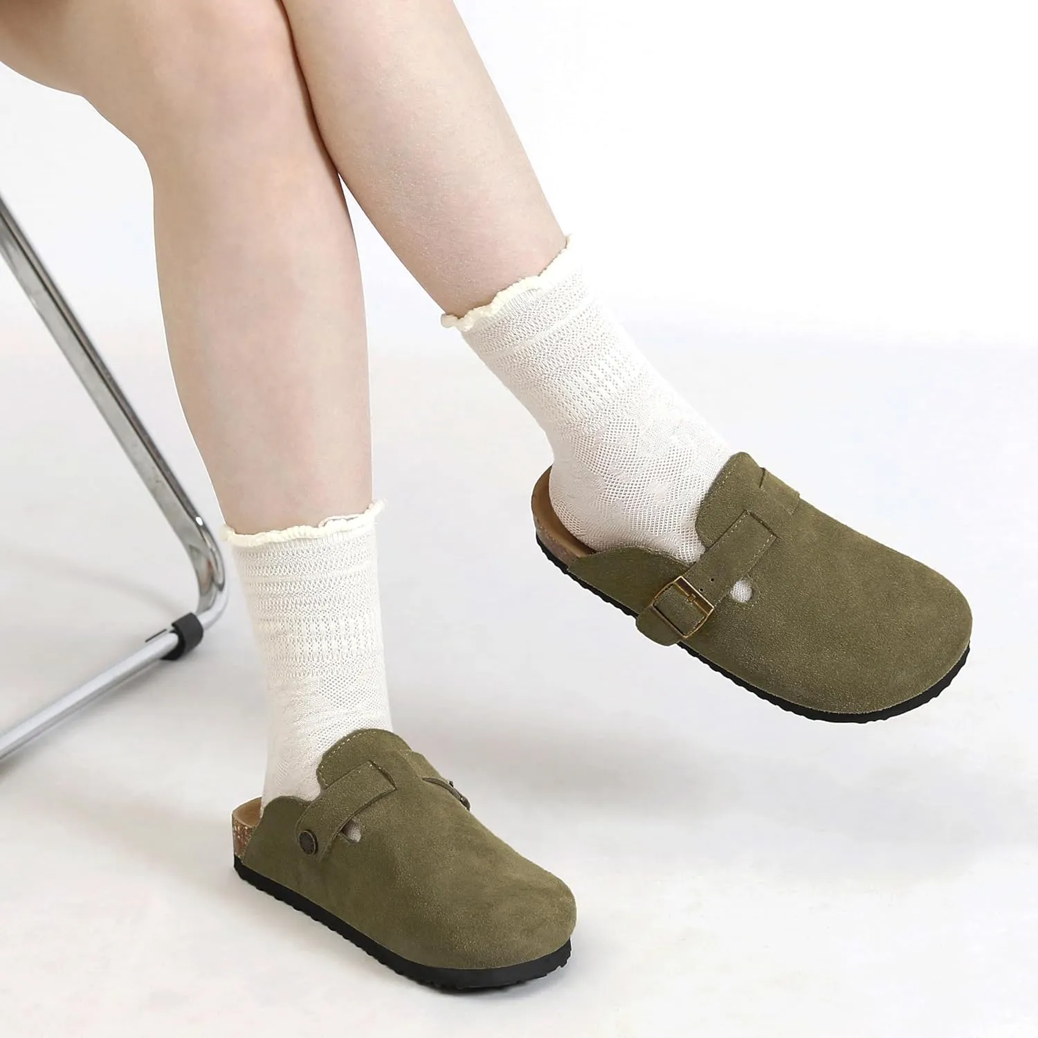 Women's Suede Clogs Men's Leather Mules Cork Footbed Sandals Slip-on Potato Shoes with Arch Support