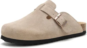 Women's Suede Clogs Men's Leather Mules Cork Footbed Sandals Slip-on Potato Shoes with Arch Support