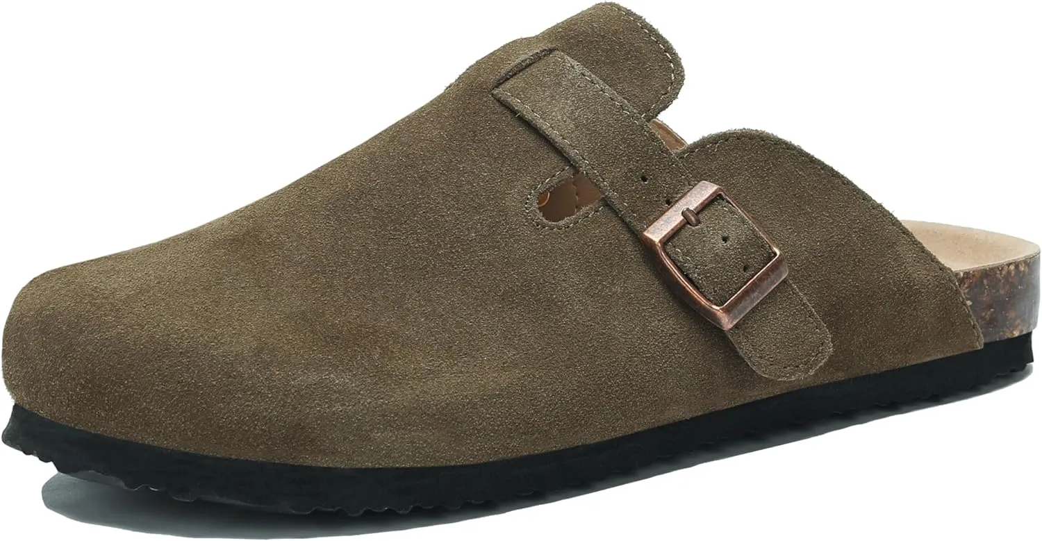 Women's Suede Clogs Men's Leather Mules Cork Footbed Sandals Slip-on Potato Shoes with Arch Support