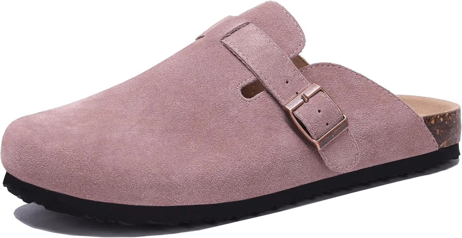 Women's Suede Clogs Men's Leather Mules Cork Footbed Sandals Slip-on Potato Shoes with Arch Support