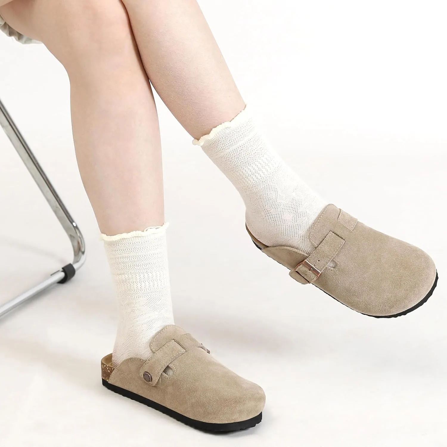 Women's Suede Clogs Men's Leather Mules Cork Footbed Sandals Slip-on Potato Shoes with Arch Support