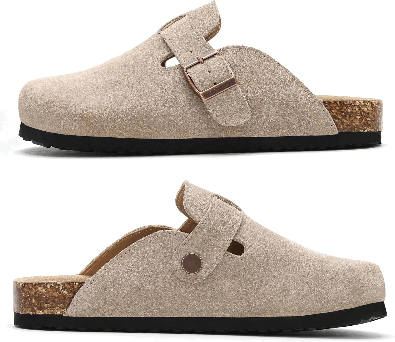 Women's Suede Clogs Men's Leather Mules Cork Footbed Sandals Slip-on Potato Shoes with Arch Support