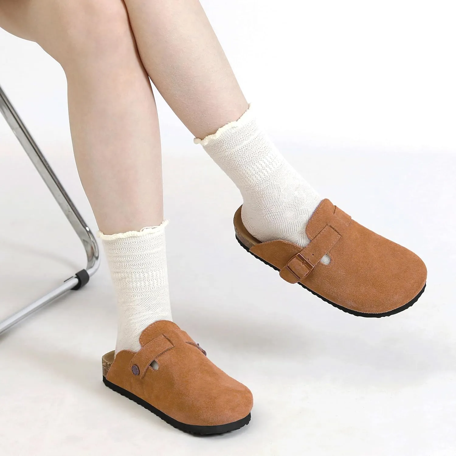 Women's Suede Clogs Men's Leather Mules Cork Footbed Sandals Slip-on Potato Shoes with Arch Support