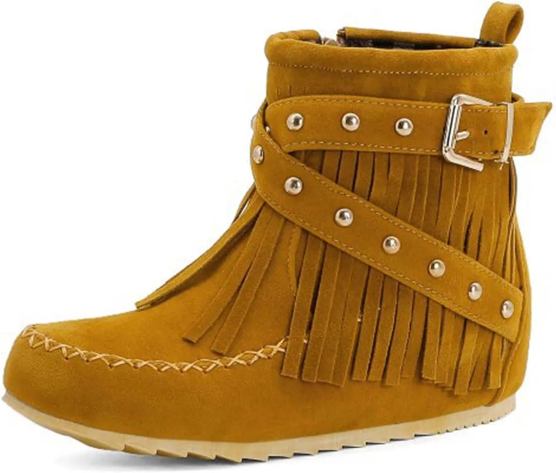 Women'S Suede Tassel Booties,Flat Moccasin Boots,Winter Warm Hidden Inner Heightening Fashion Western Outdoor Short Boots With Side Zipper