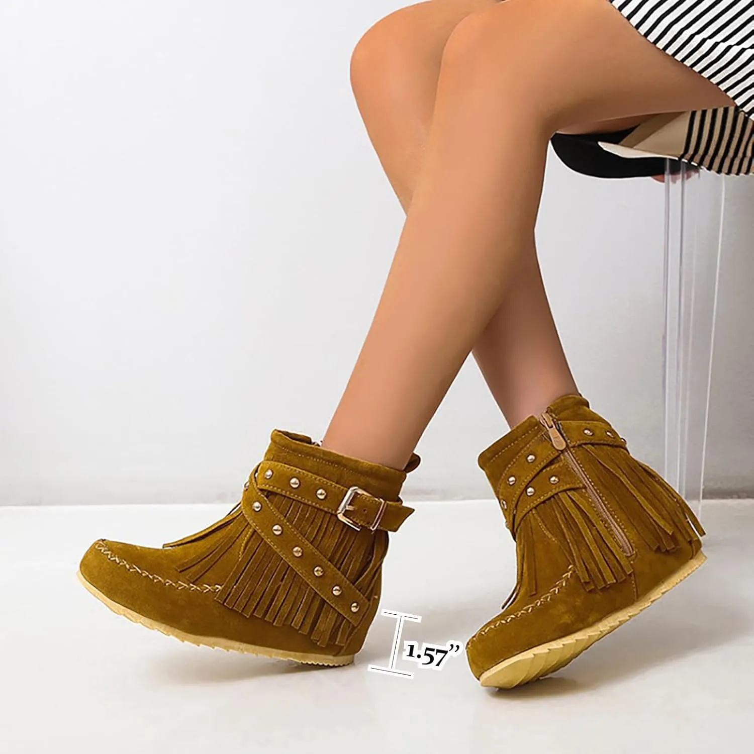 Women'S Suede Tassel Booties,Flat Moccasin Boots,Winter Warm Hidden Inner Heightening Fashion Western Outdoor Short Boots With Side Zipper