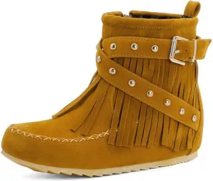 Women'S Suede Tassel Booties,Flat Moccasin Boots,Winter Warm Hidden Inner Heightening Fashion Western Outdoor Short Boots With Side Zipper
