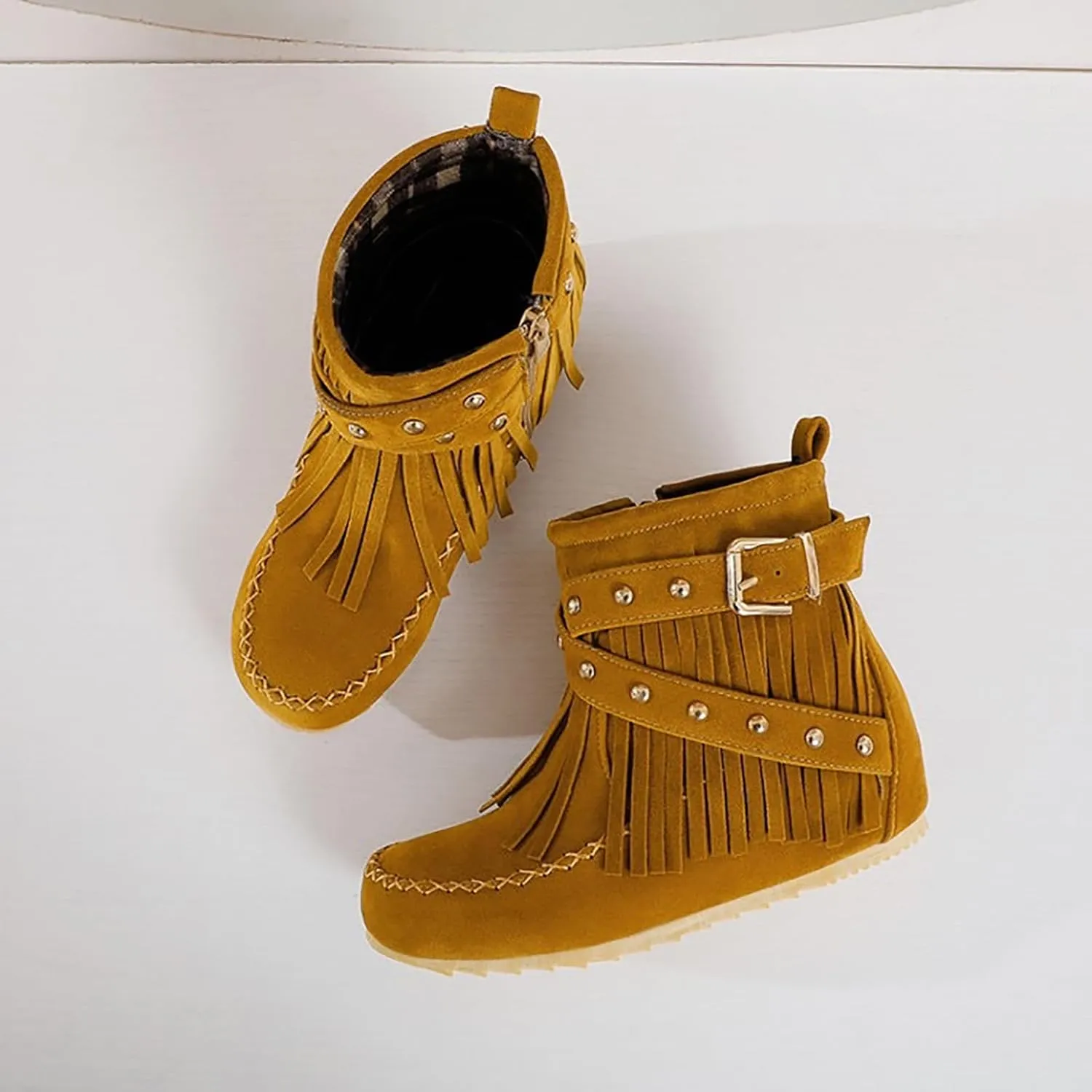 Women'S Suede Tassel Booties,Flat Moccasin Boots,Winter Warm Hidden Inner Heightening Fashion Western Outdoor Short Boots With Side Zipper